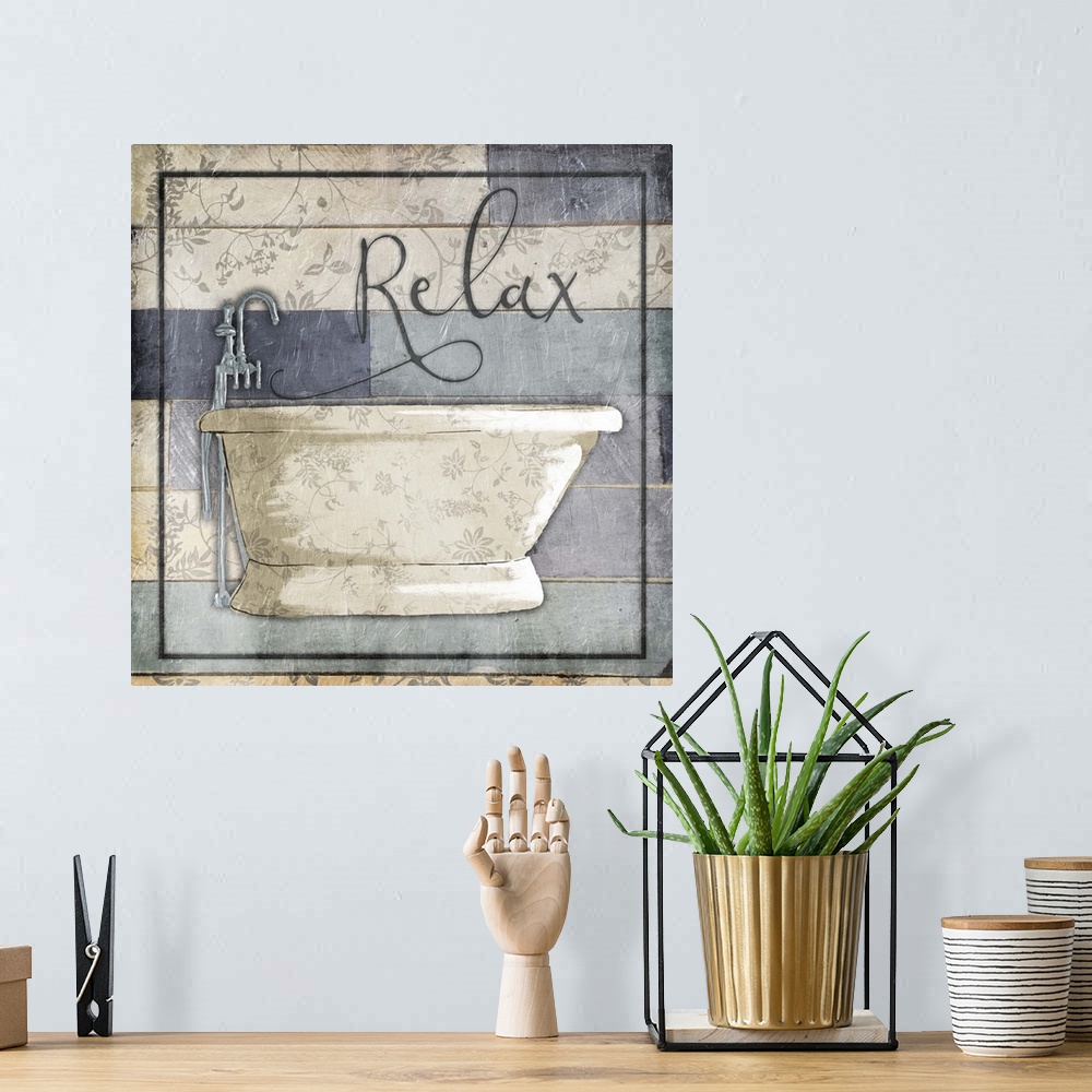 A bohemian room featuring A painting of a bathtub on a multi-color blue wooden panel background with a floral design and th...