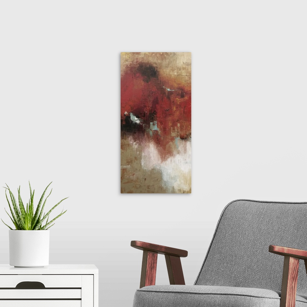 A modern room featuring Contemporary abstract painting in shades of red and brown.