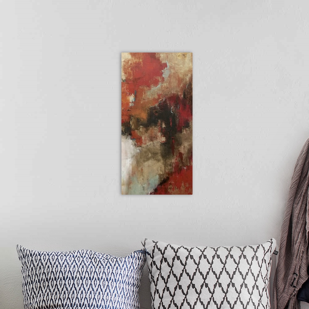 A bohemian room featuring Contemporary abstract painting in shades of red and brown.