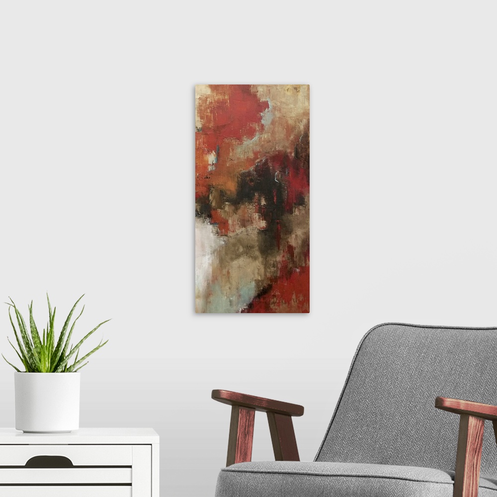 A modern room featuring Contemporary abstract painting in shades of red and brown.