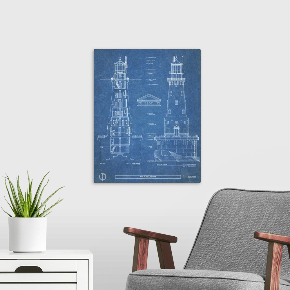 A modern room featuring Contemporary artwork in technical blueprint style of Rock of Ages lighthouse.