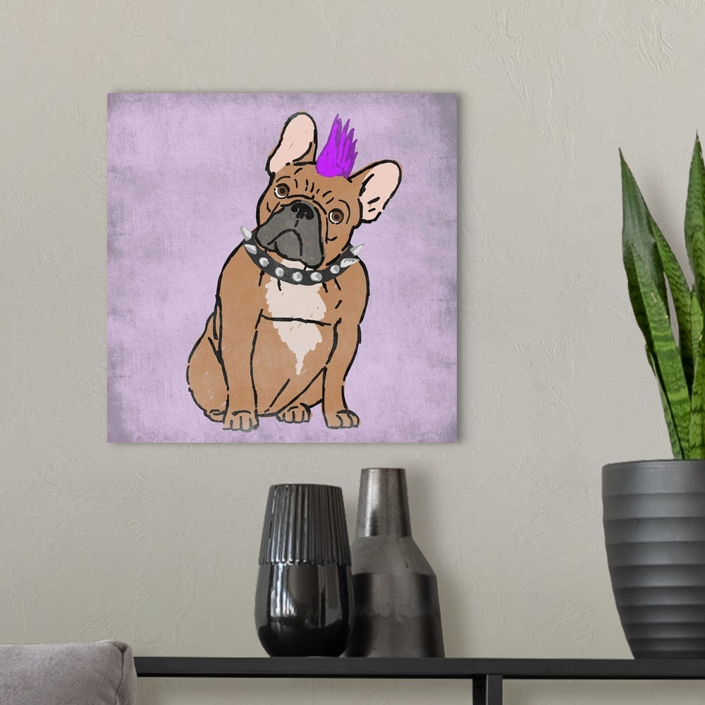A modern room featuring A painting of a frenchie with a fuchsia mow-hawk and a spiked collar.