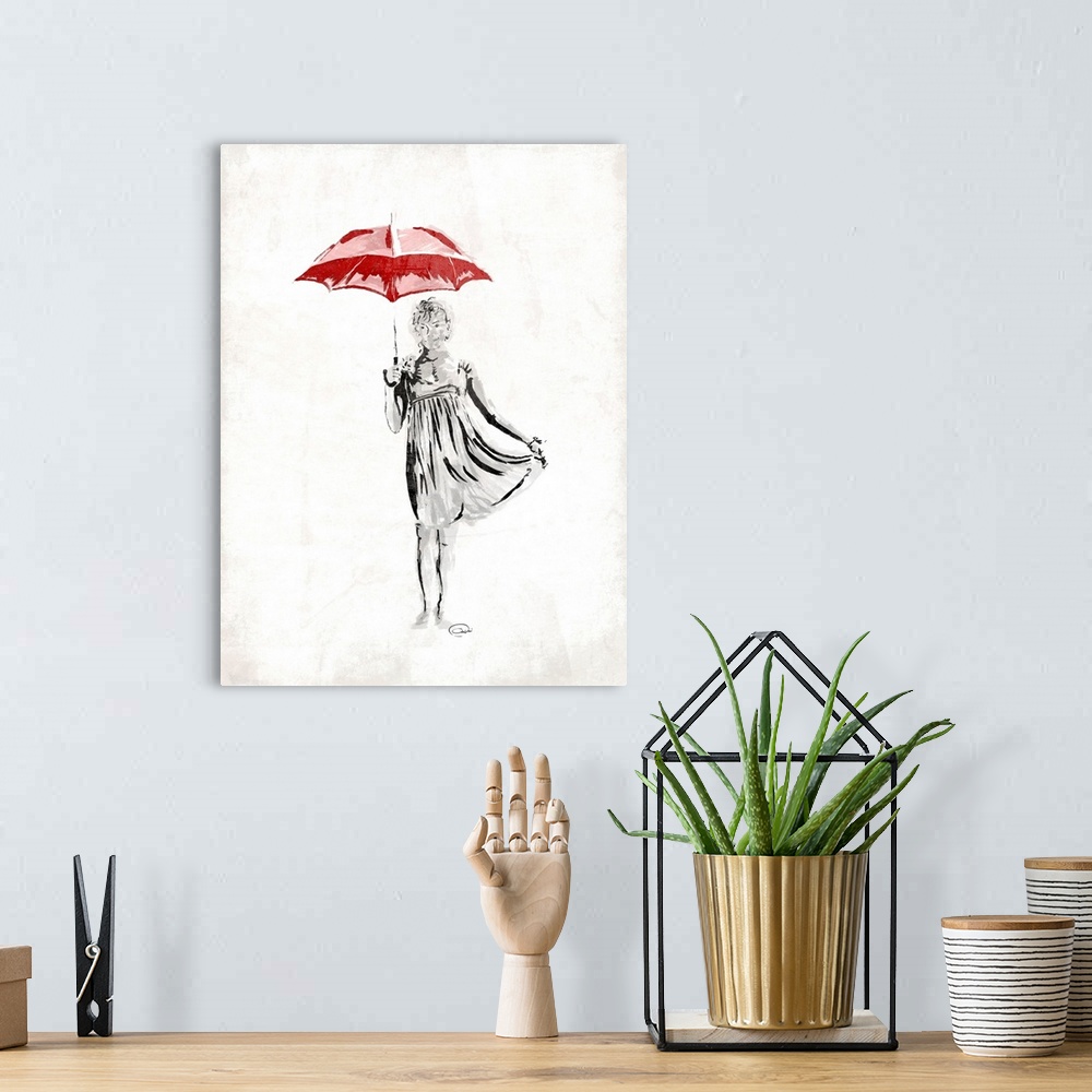 A bohemian room featuring Contemporary piece of art with a woman holding a red umbrella.