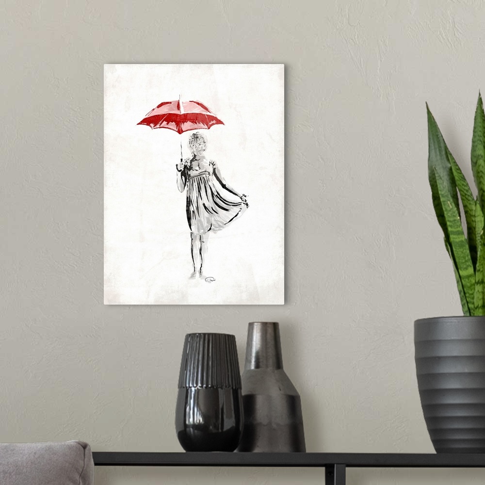 A modern room featuring Contemporary piece of art with a woman holding a red umbrella.