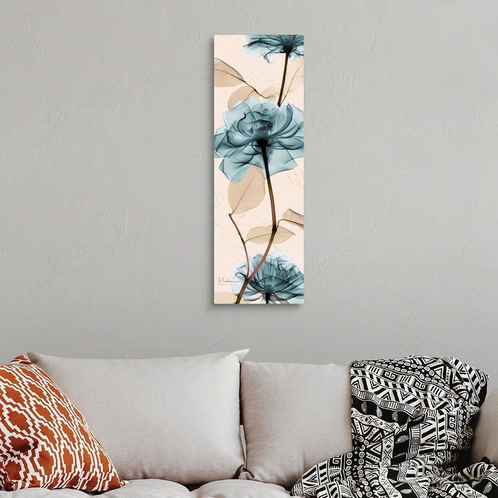 A bohemian room featuring Vertical x-ray photograph of three roses on an earth toned background.