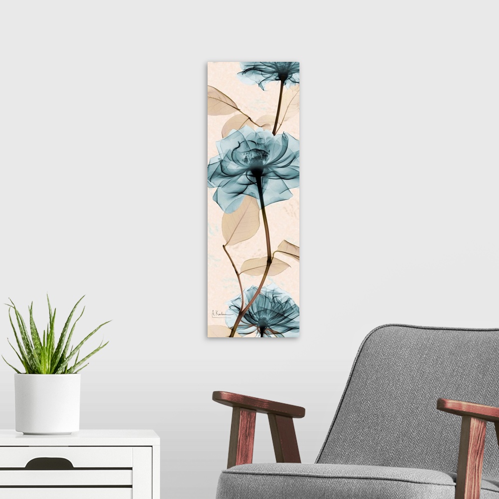 A modern room featuring Vertical x-ray photograph of three roses on an earth toned background.