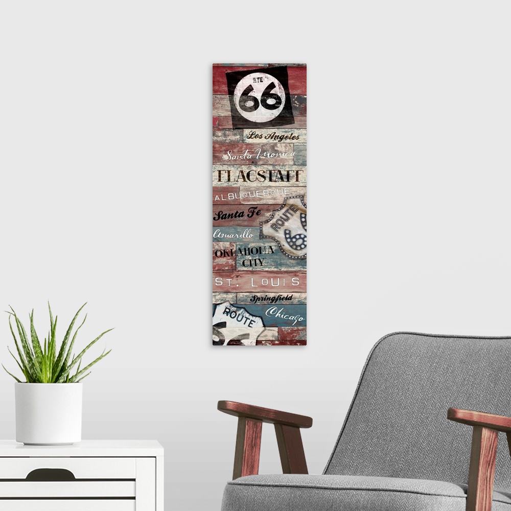 A modern room featuring Vertical artwork depicting "route 66" signs with city names.