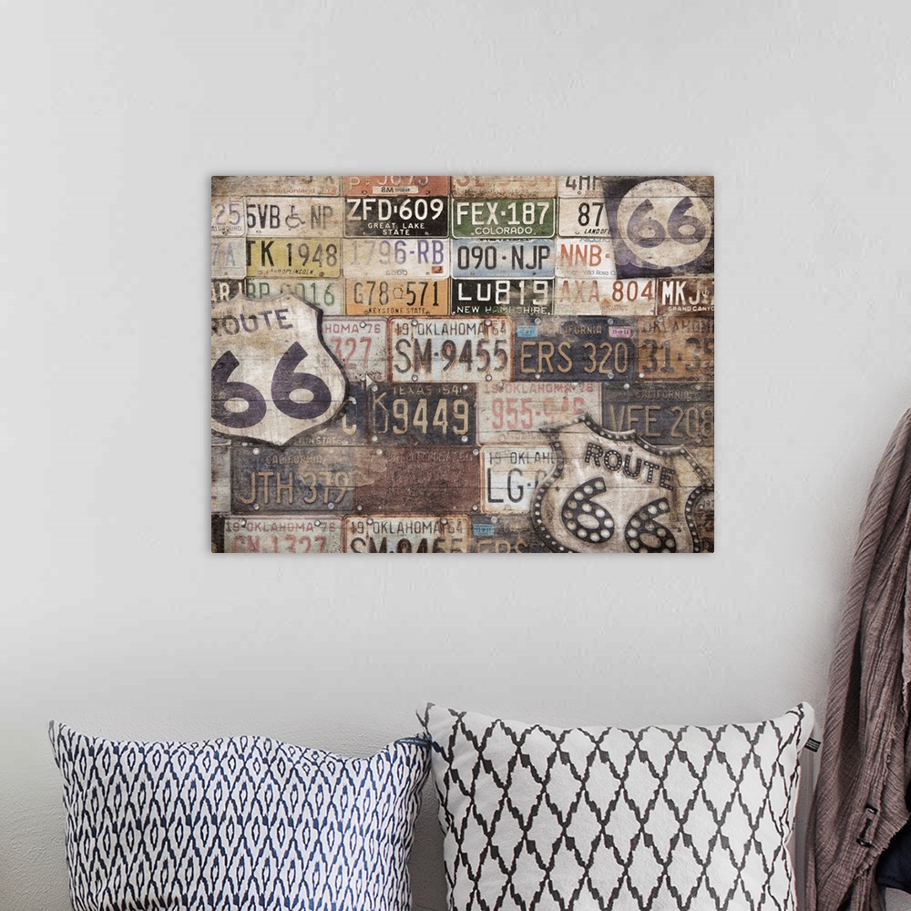 A bohemian room featuring Image compilation of route 66 signs, and license plates from different states.