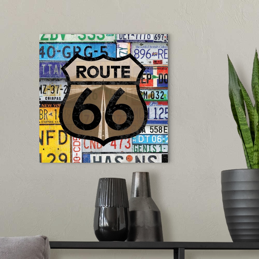 A modern room featuring Route 66 Plates