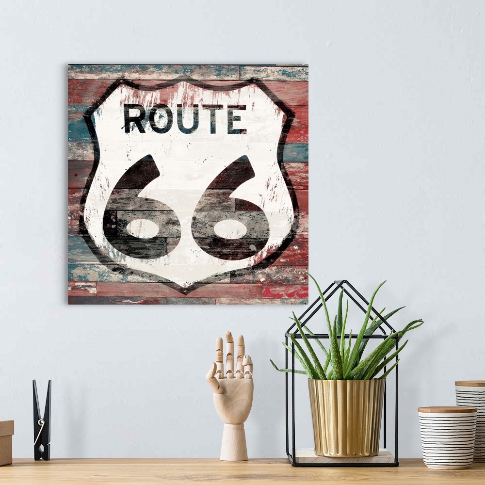 A bohemian room featuring Rustic and weathered looking route 66 sign on a textured background.