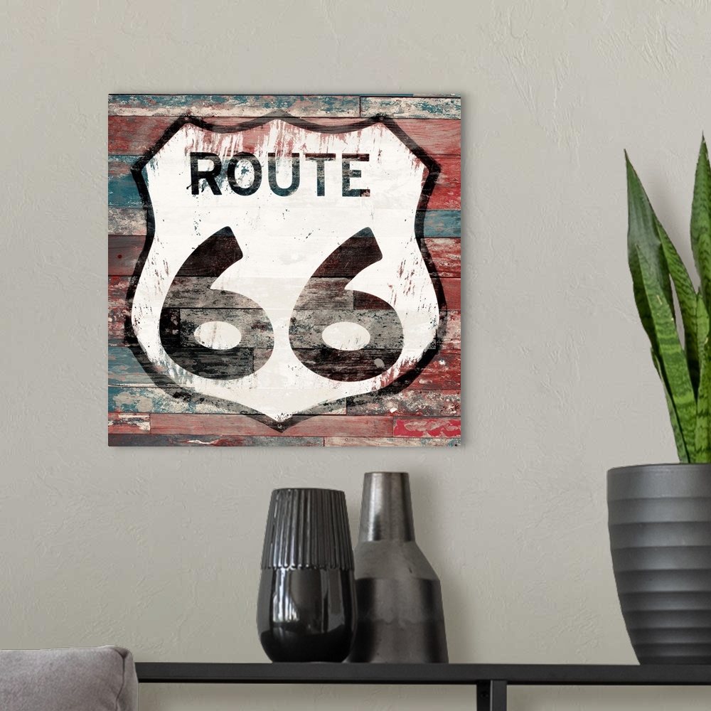 A modern room featuring Rustic and weathered looking route 66 sign on a textured background.