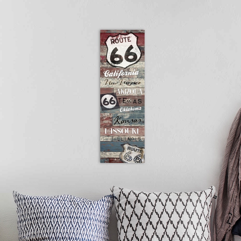 A bohemian room featuring Vertical artwork depicting "route 66" signs with state names.