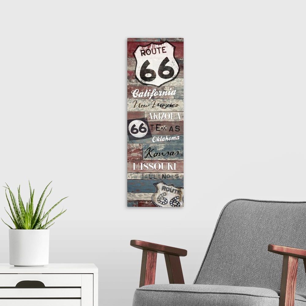 A modern room featuring Vertical artwork depicting "route 66" signs with state names.