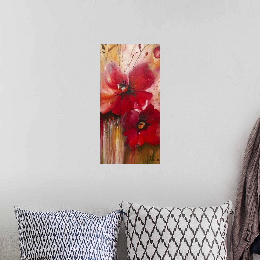 A bohemian room featuring Contemporary painting of two bright red flowers.