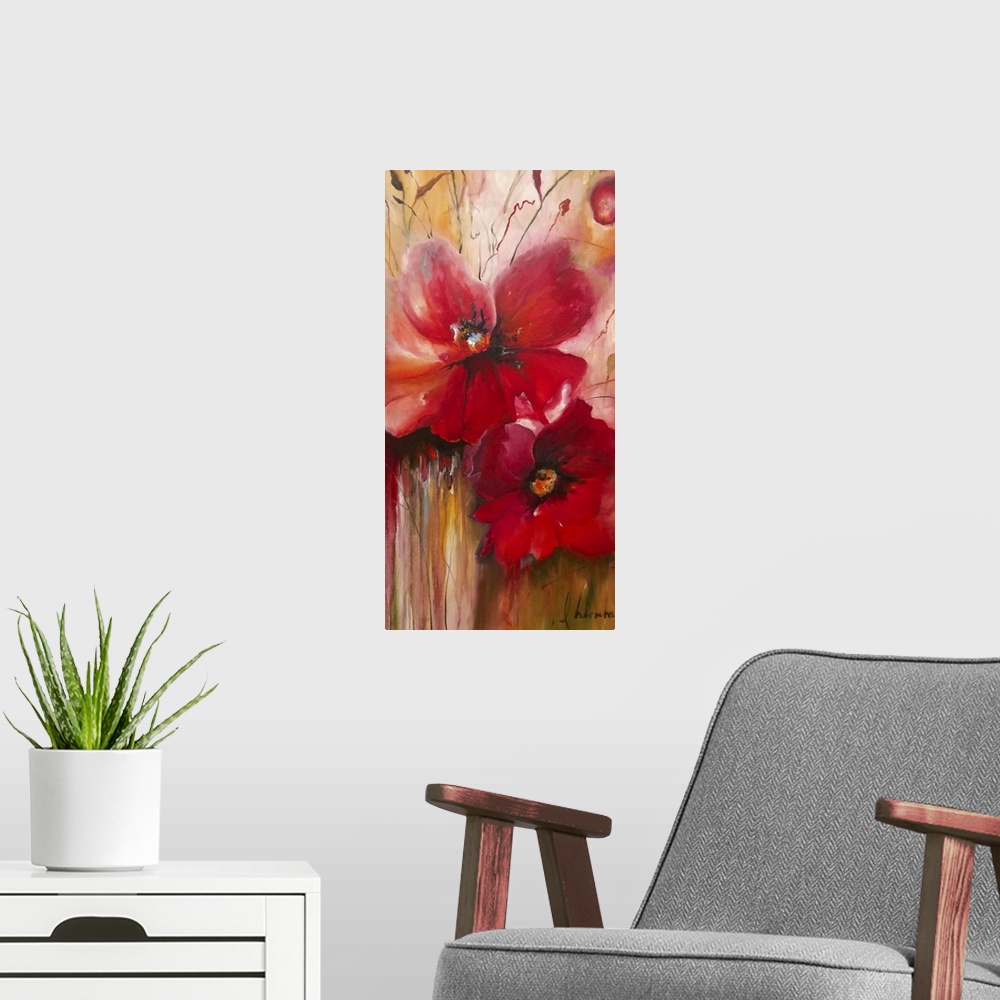 A modern room featuring Contemporary painting of two bright red flowers.