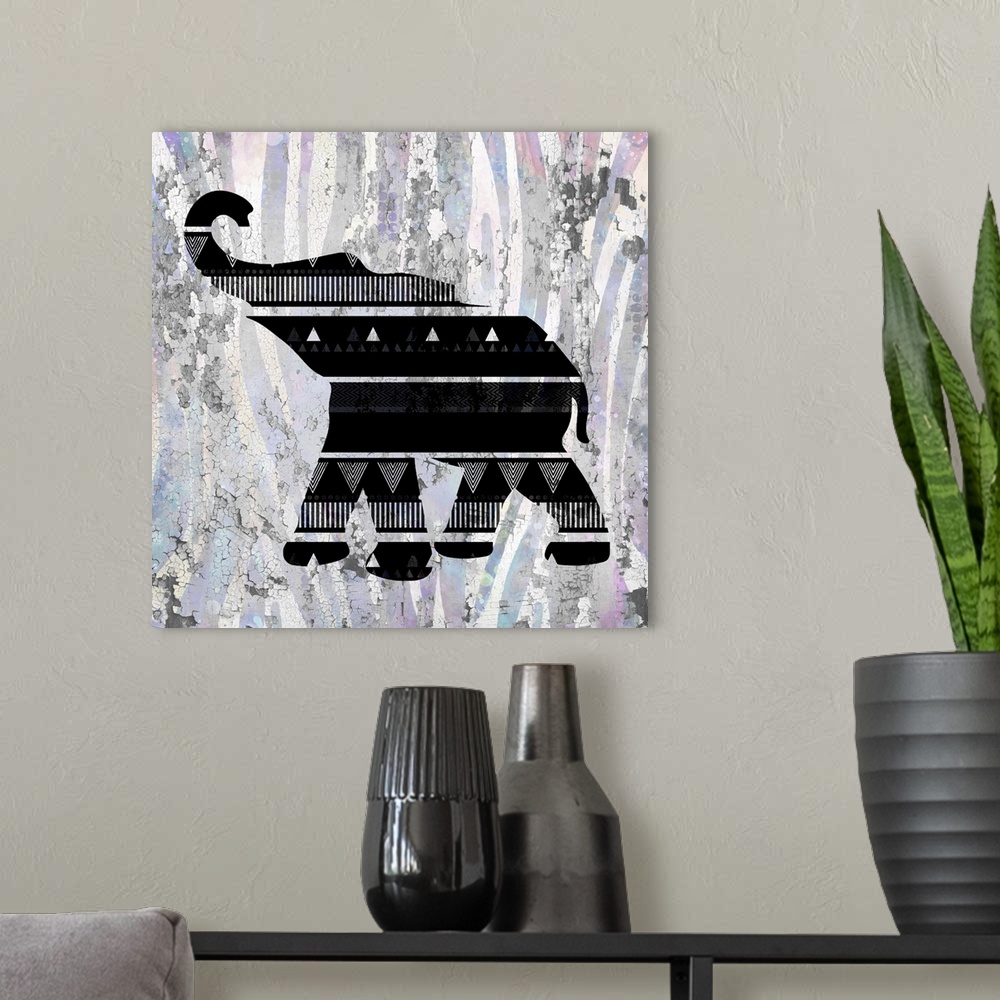 A modern room featuring A black designed silhouette of an elephant on a colorful textured background.