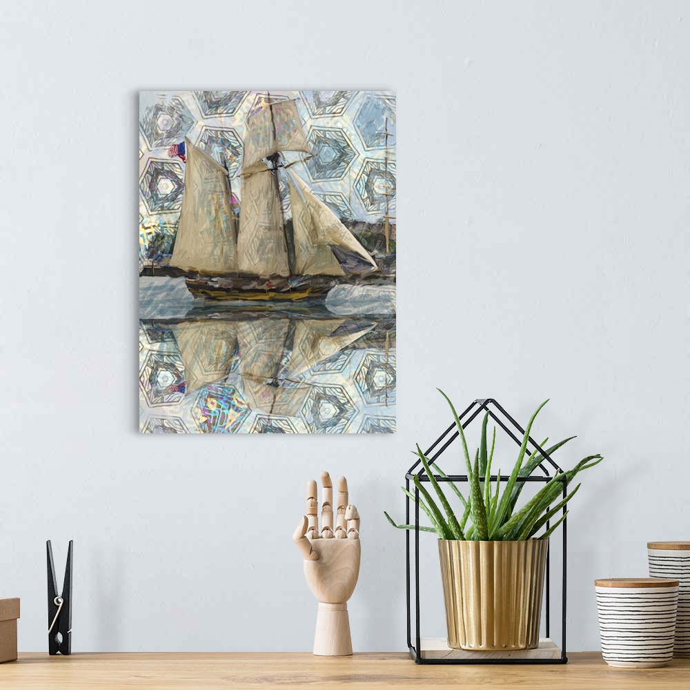 A bohemian room featuring Abstract painting of a sailboat with a hexagon pattern on the sky reflecting into the water.