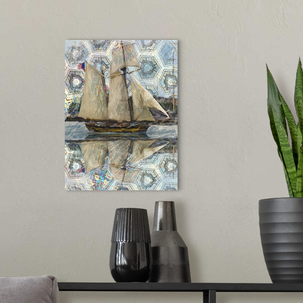 A modern room featuring Abstract painting of a sailboat with a hexagon pattern on the sky reflecting into the water.