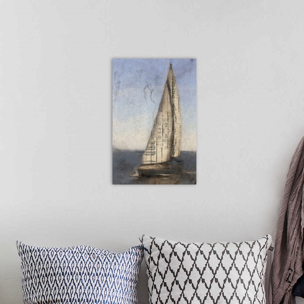 A bohemian room featuring Sailboat with tall sails on dark water with a pastel sky overhead.