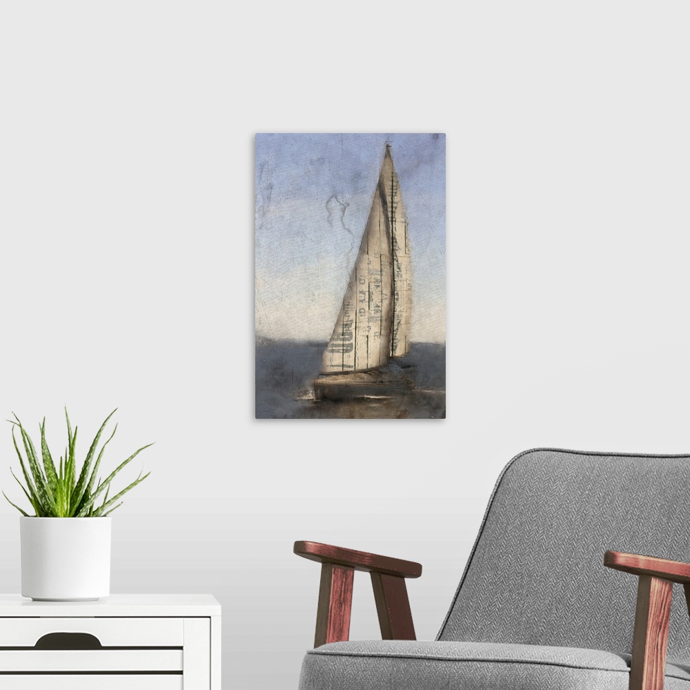 A modern room featuring Sailboat with tall sails on dark water with a pastel sky overhead.