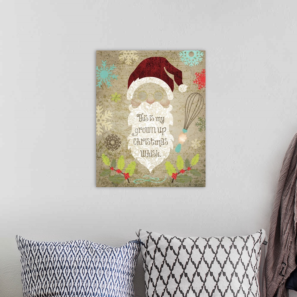 A bohemian room featuring Humorous holiday kitchen art featuring Santa's hat and beard and a whisk.