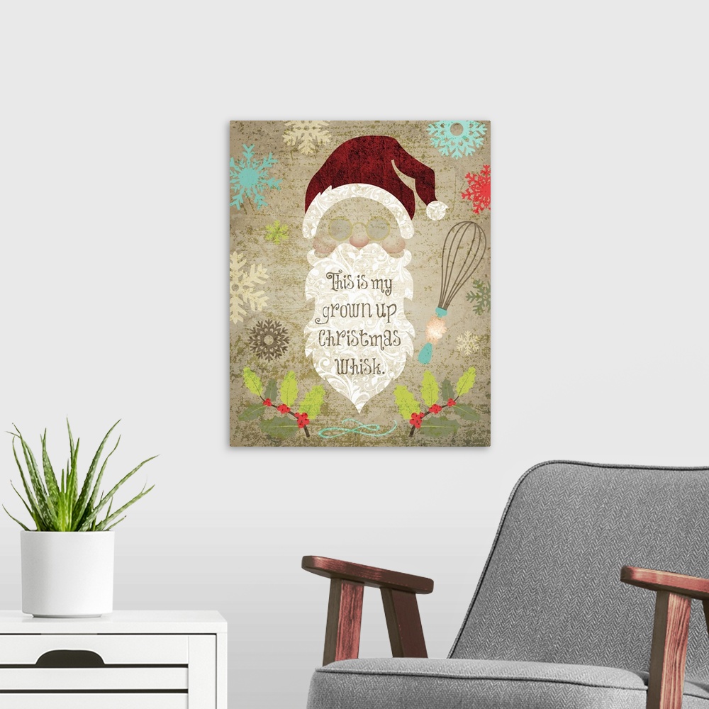 A modern room featuring Humorous holiday kitchen art featuring Santa's hat and beard and a whisk.