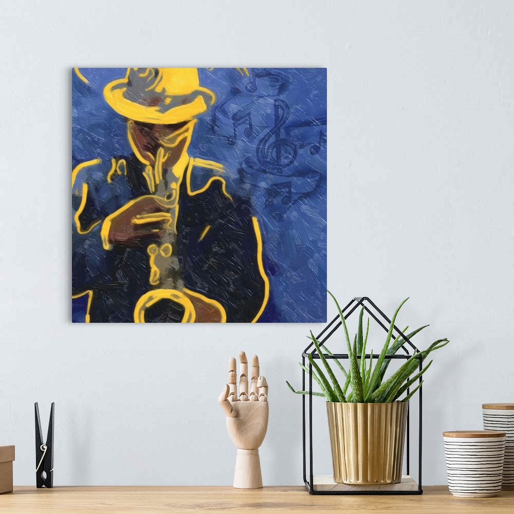 A bohemian room featuring Painting of a man playing the blues on his saxophone.