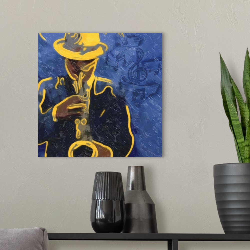 A modern room featuring Painting of a man playing the blues on his saxophone.