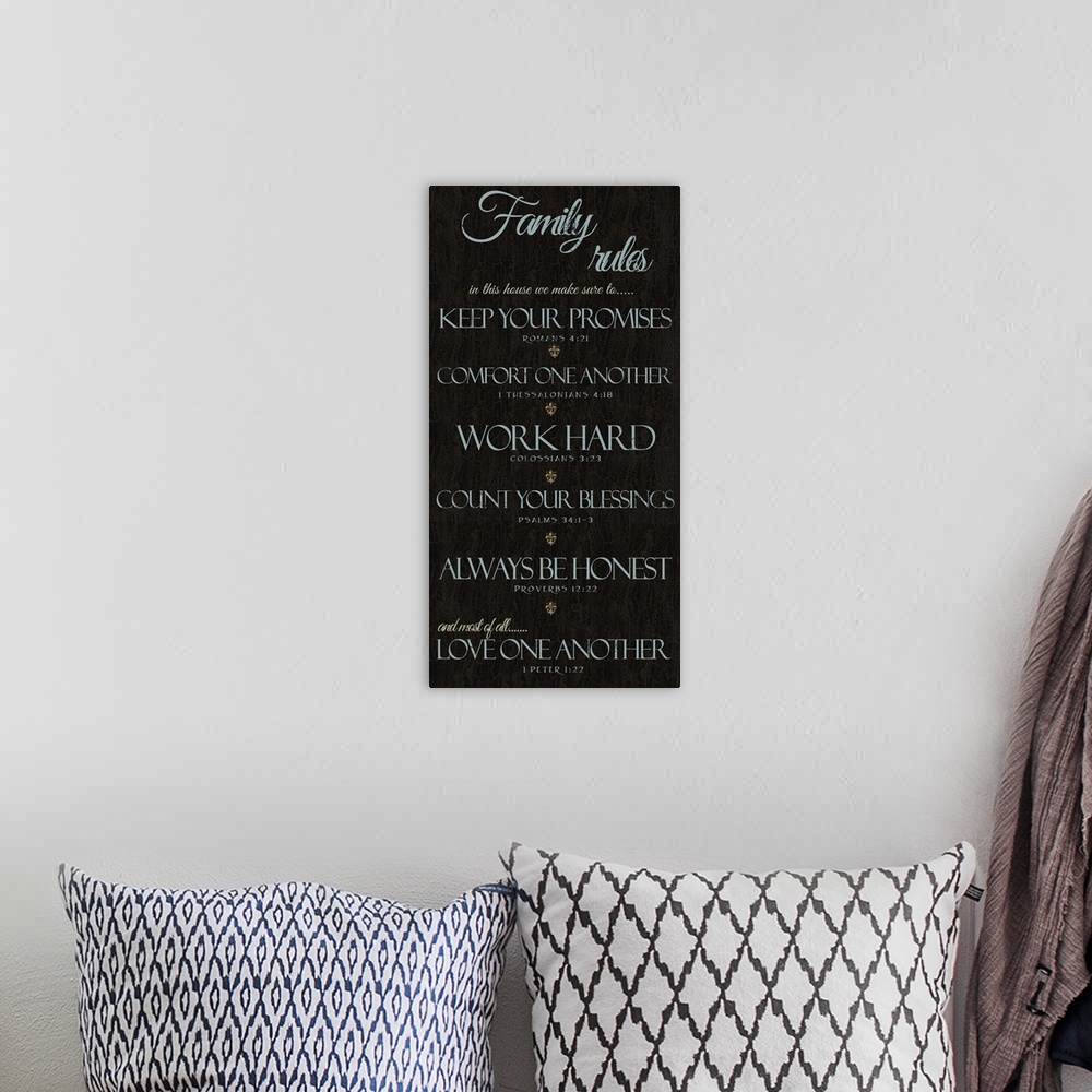 A bohemian room featuring Scripture Family Rules