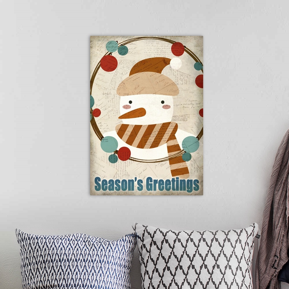 A bohemian room featuring Cute holiday art of a snowman wearing a hat and scarf in a simple wreath.
