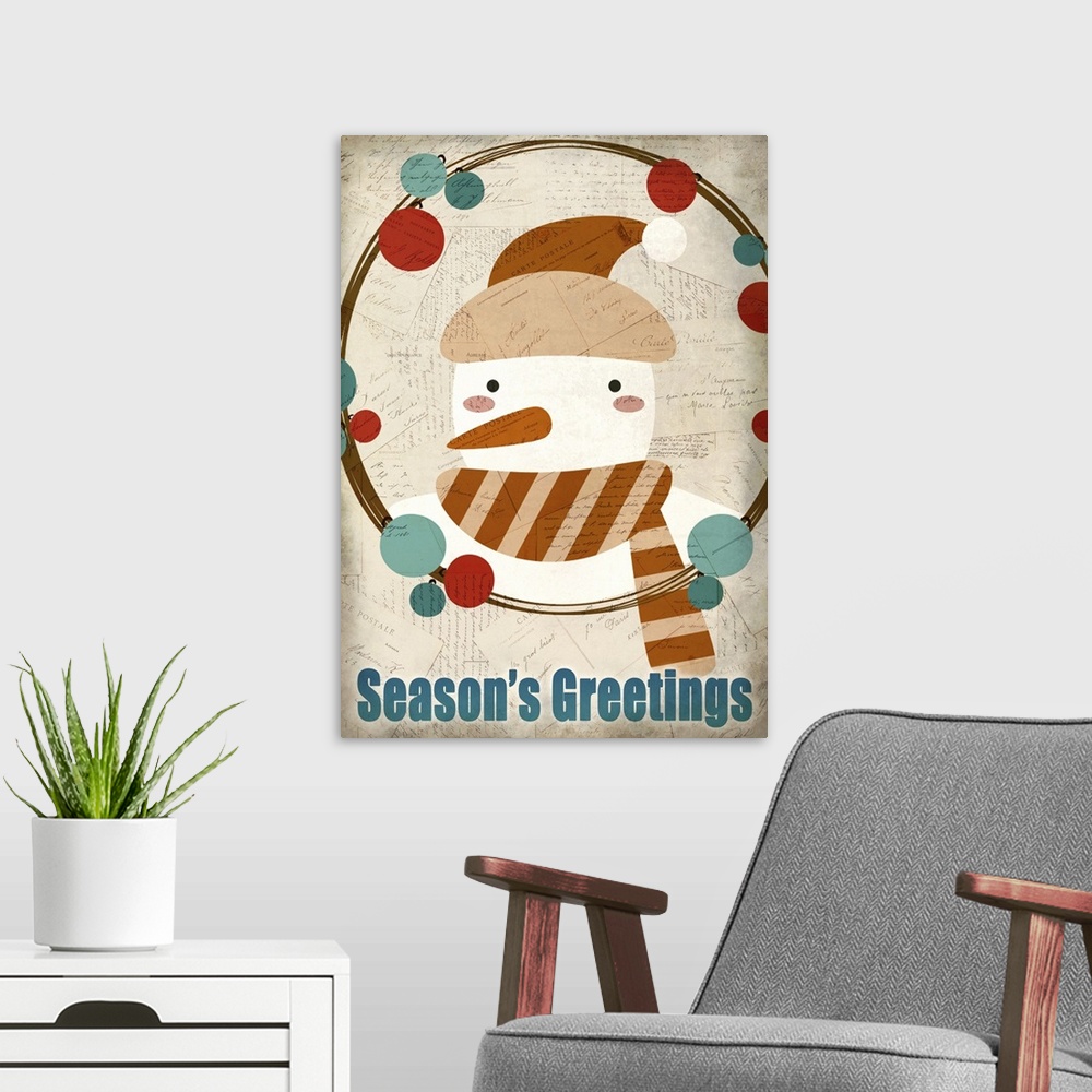 A modern room featuring Cute holiday art of a snowman wearing a hat and scarf in a simple wreath.
