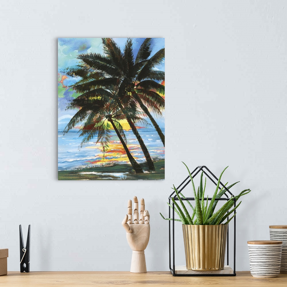 A bohemian room featuring Contemporary painting of a group of palm trees.