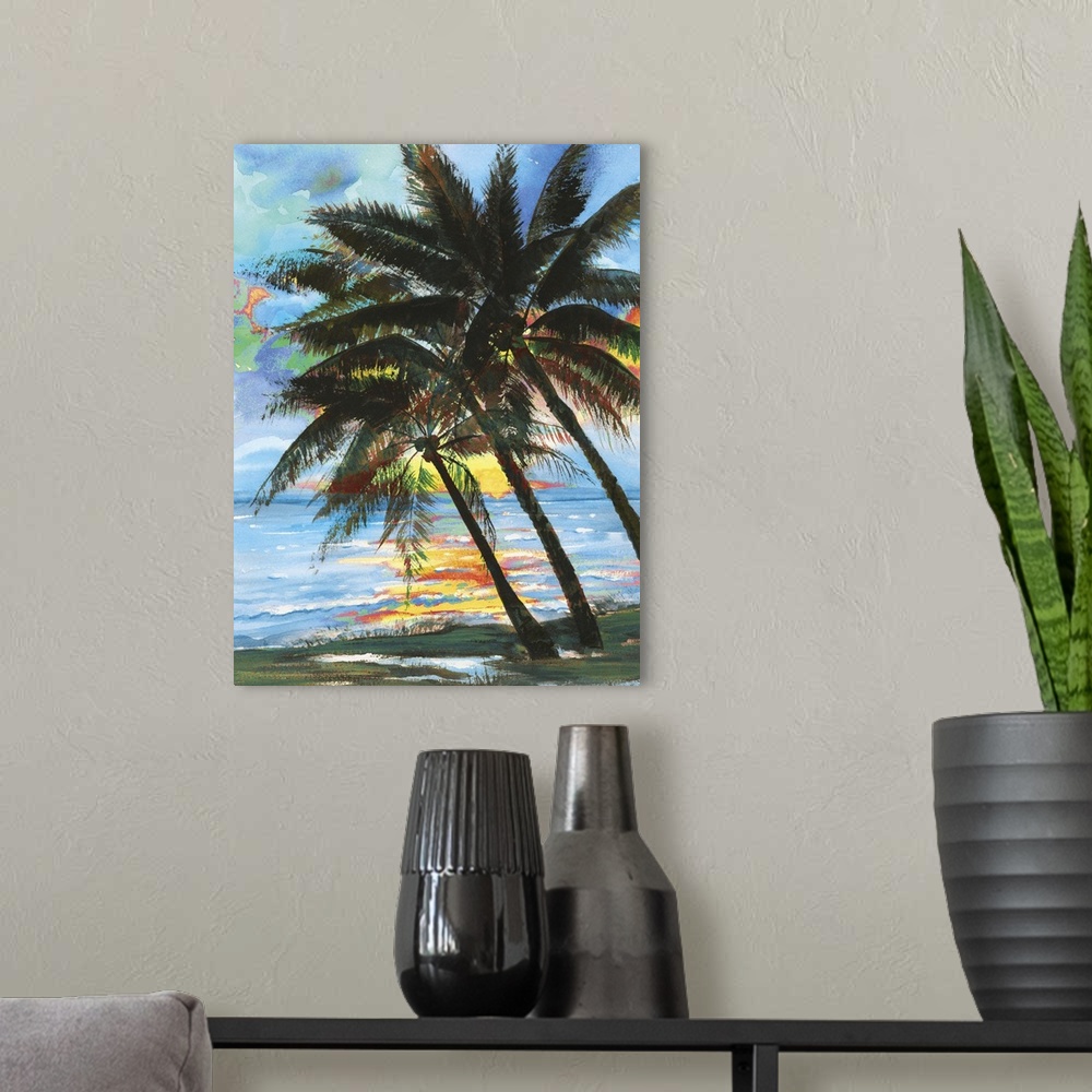 A modern room featuring Contemporary painting of a group of palm trees.