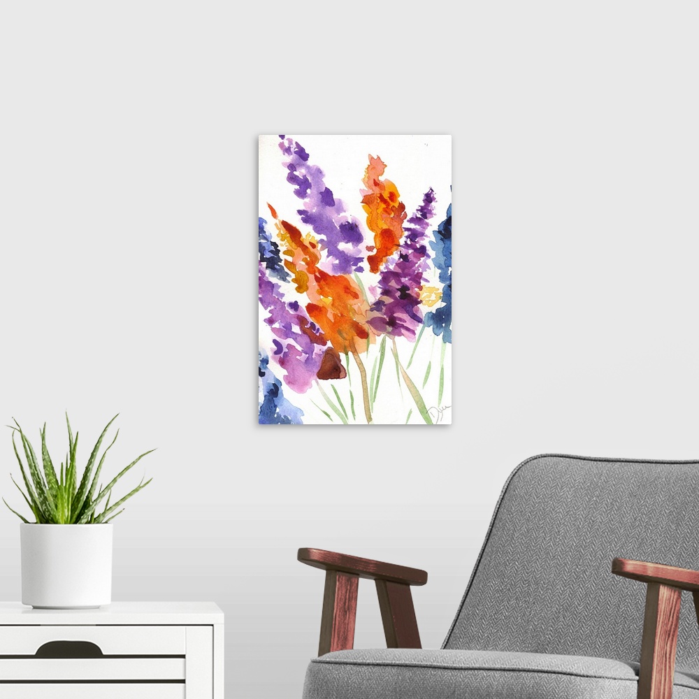 A modern room featuring Watercolor painting of brightly colored blooming flowers against a white background.
