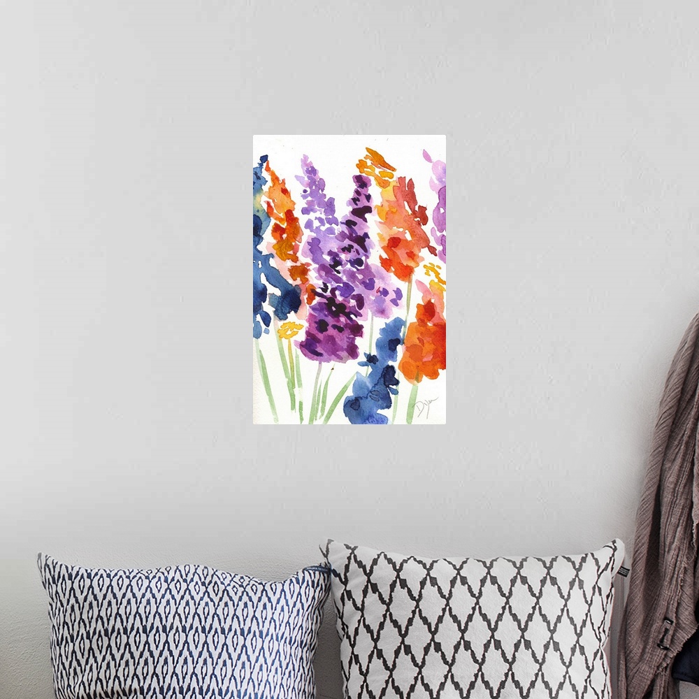 A bohemian room featuring Watercolor painting of brightly colored blooming flowers against a white background.