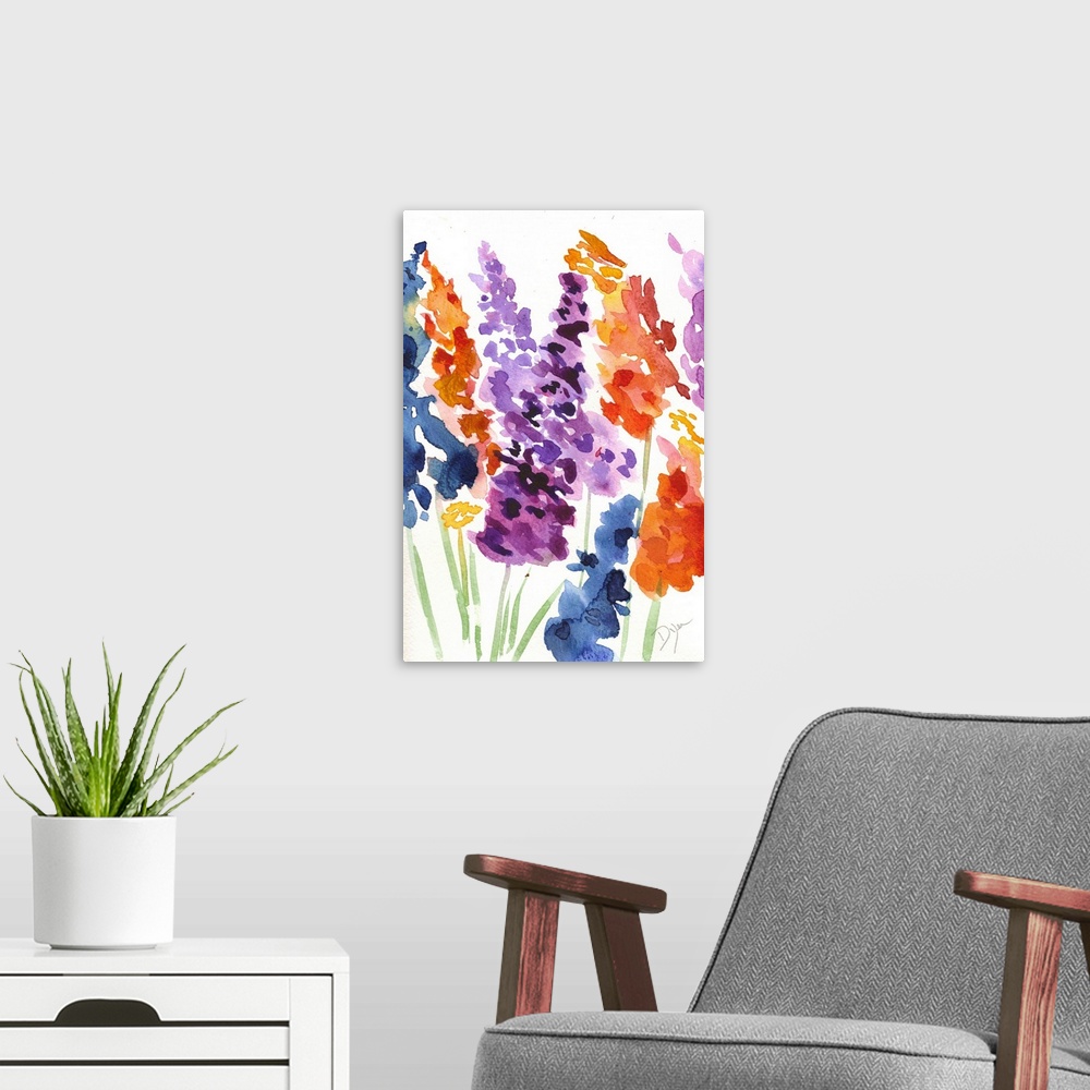 A modern room featuring Watercolor painting of brightly colored blooming flowers against a white background.