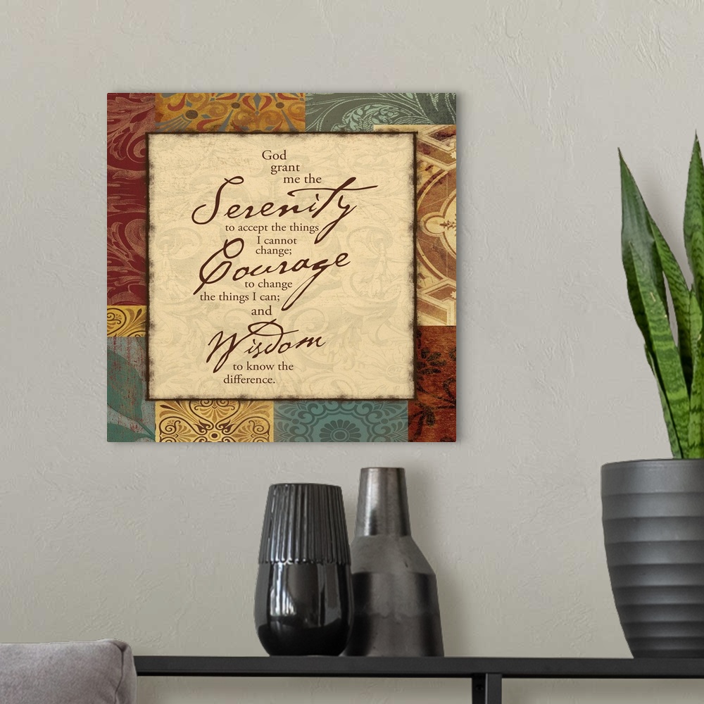A modern room featuring Scripture art on earth toned surface, surrounded by floral and decorative patterns.