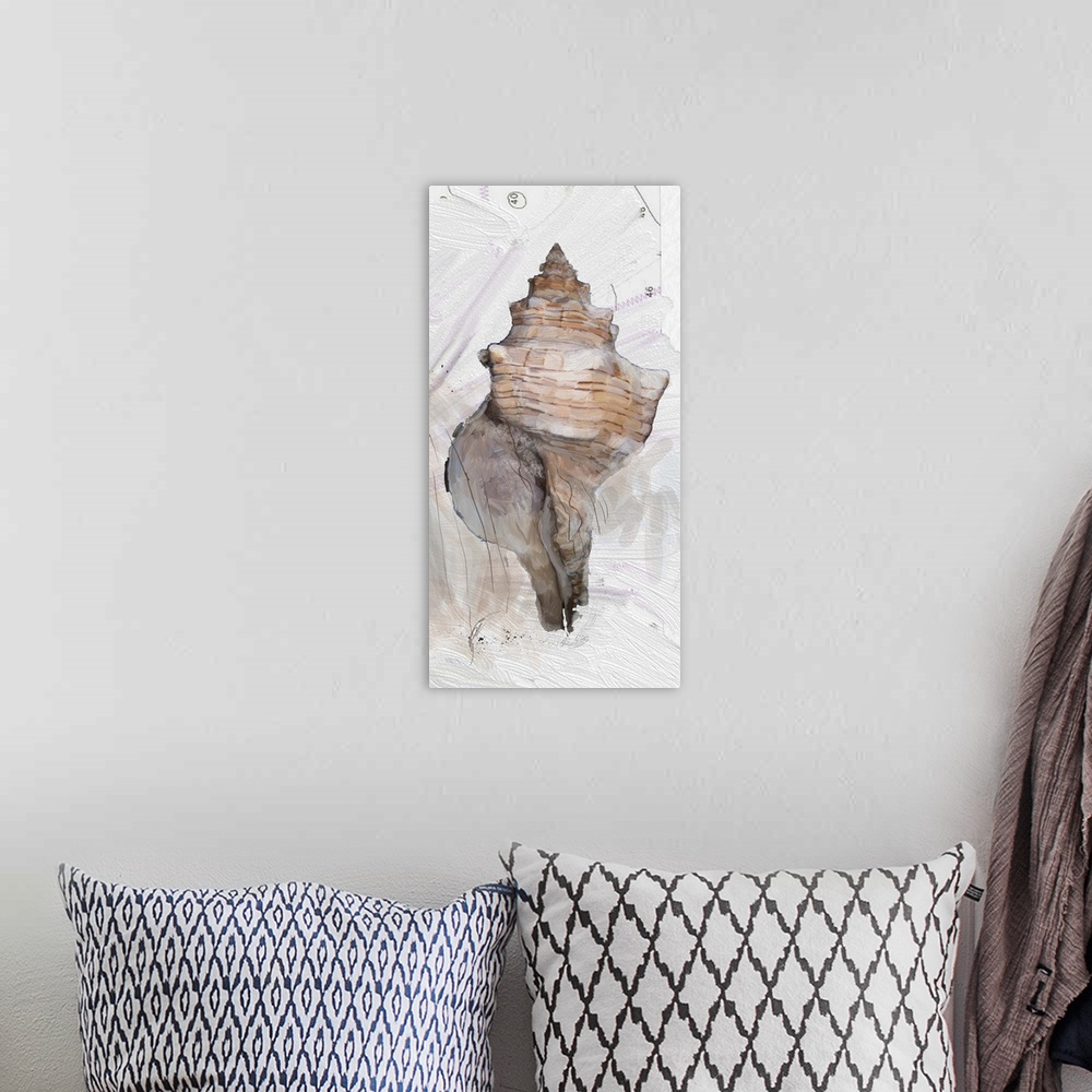 A bohemian room featuring Contemporary painting of a conch shell on a textured white background with a few numbers at the top.