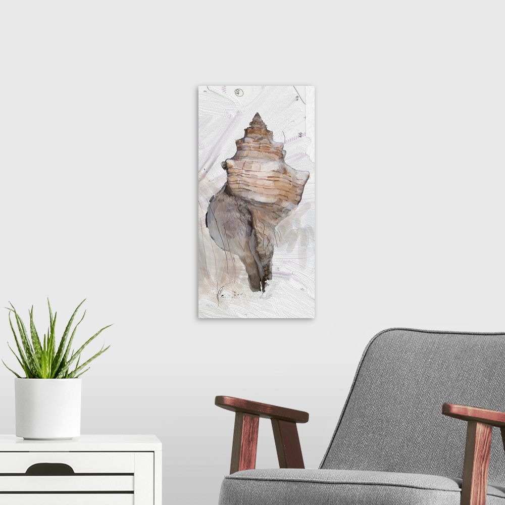 A modern room featuring Contemporary painting of a conch shell on a textured white background with a few numbers at the top.