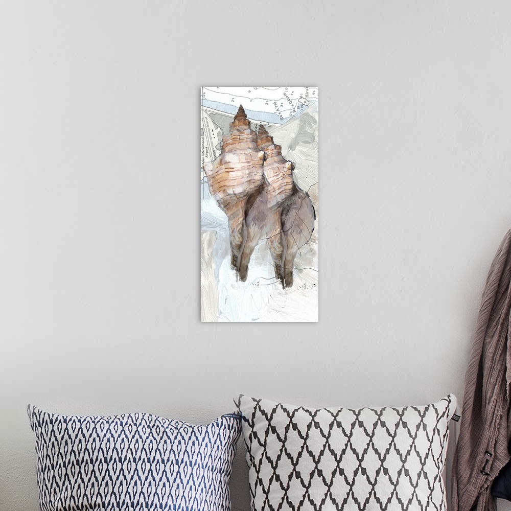 A bohemian room featuring Contemporary painting of two conch shells on a textured background with blue, white, and gray hue...