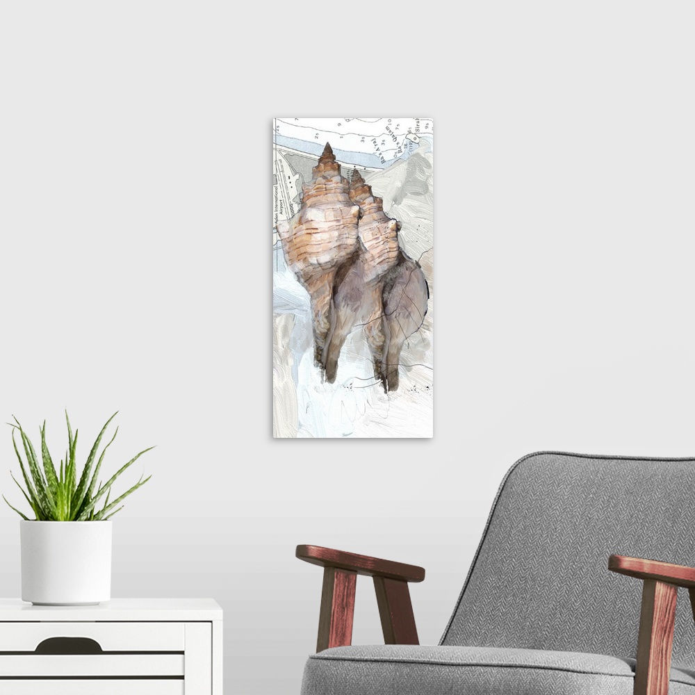 A modern room featuring Contemporary painting of two conch shells on a textured background with blue, white, and gray hue...