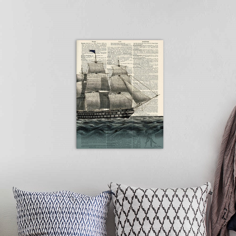A bohemian room featuring Contemporary artistic use of a page from a dictionary with a ship sailing on the water on top of ...