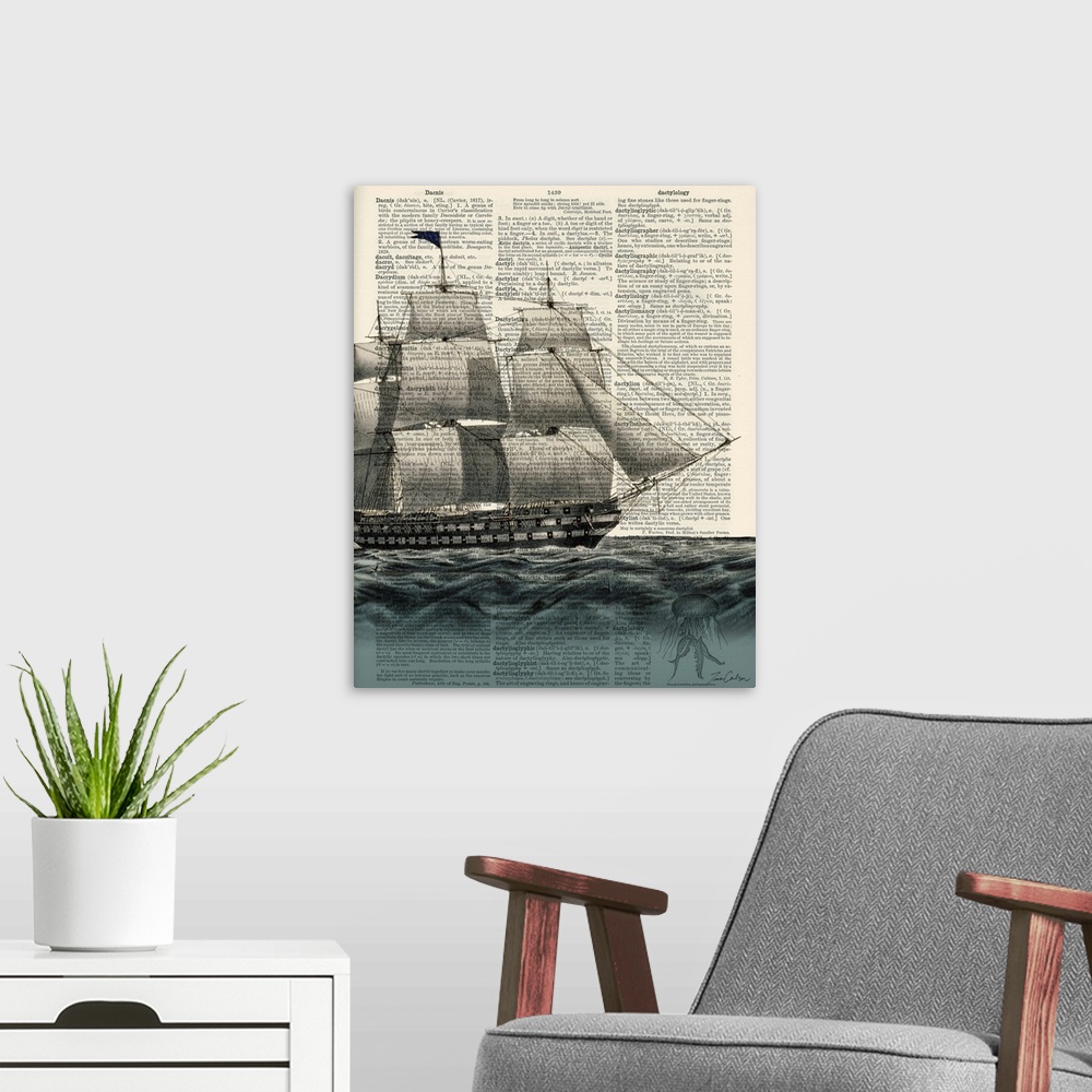 A modern room featuring Contemporary artistic use of a page from a dictionary with a ship sailing on the water on top of ...