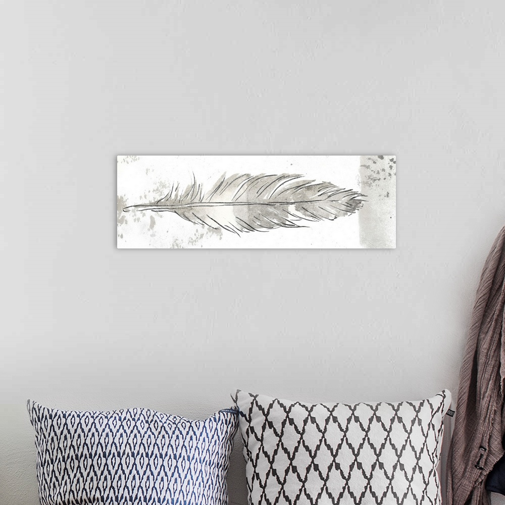 A bohemian room featuring Contemporary painting of a long grey feather, embellished with paint splatters.