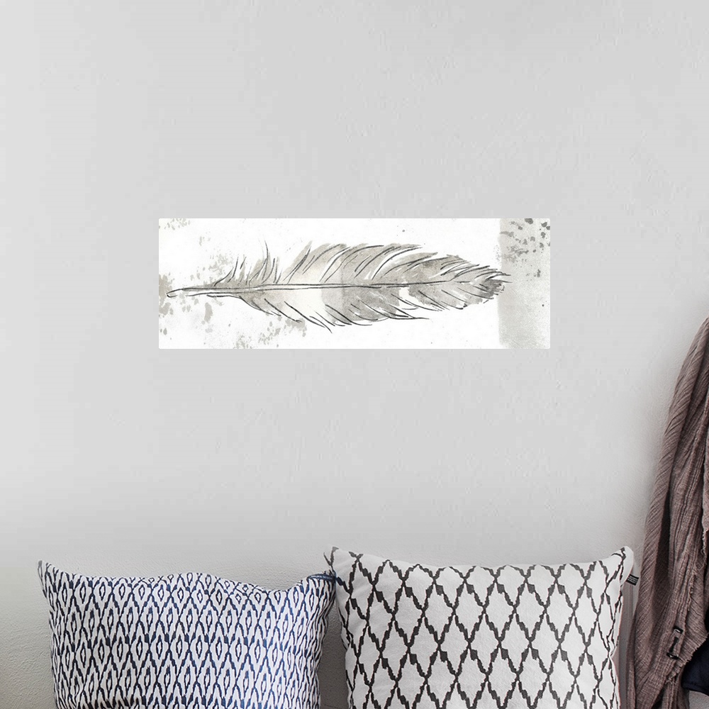 A bohemian room featuring Contemporary painting of a long grey feather, embellished with paint splatters.