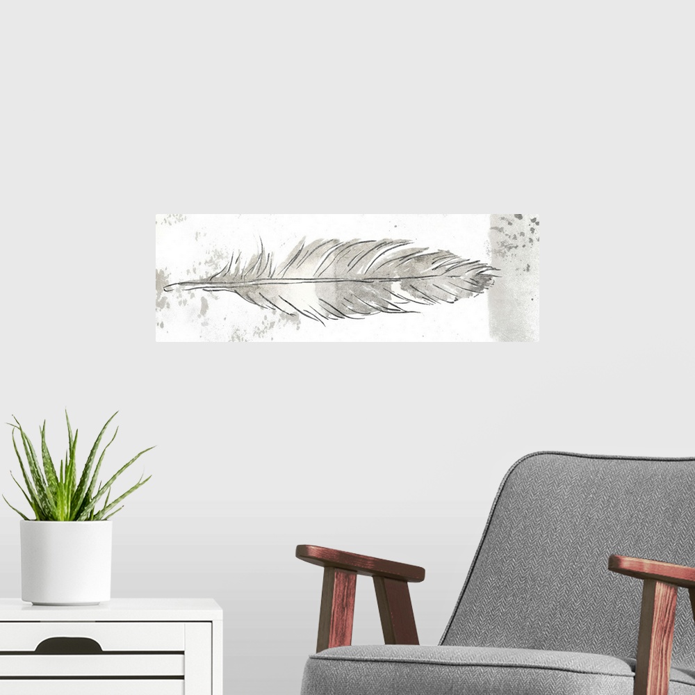 A modern room featuring Contemporary painting of a long grey feather, embellished with paint splatters.
