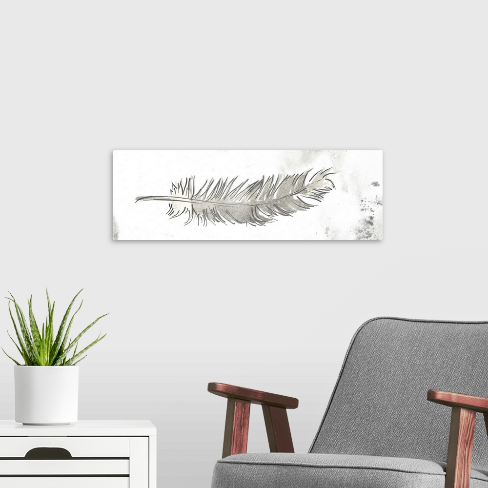 A modern room featuring Contemporary painting of a long grey feather, embellished with paint splatters.