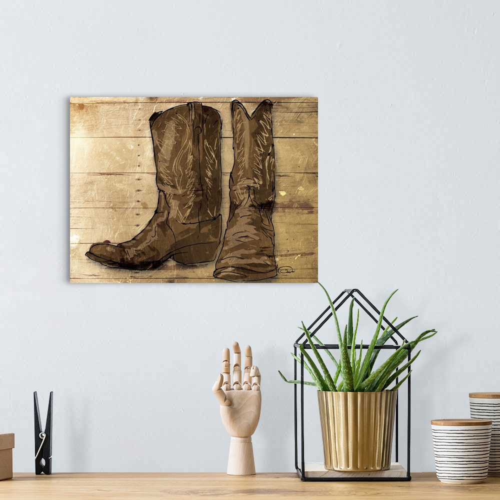 A bohemian room featuring A sketch of brown cowboy boots on a rustic wood paneled background.
