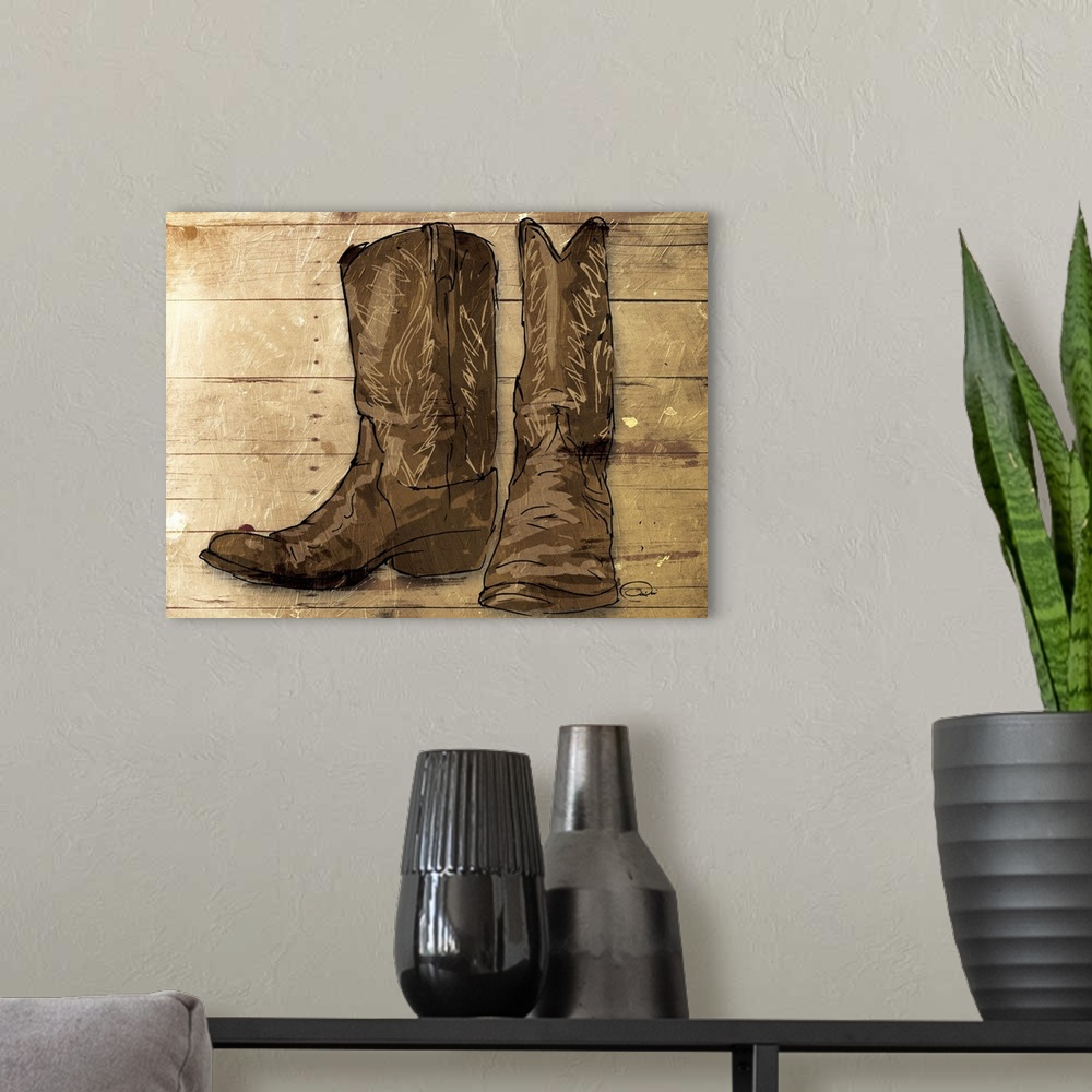 A modern room featuring A sketch of brown cowboy boots on a rustic wood paneled background.