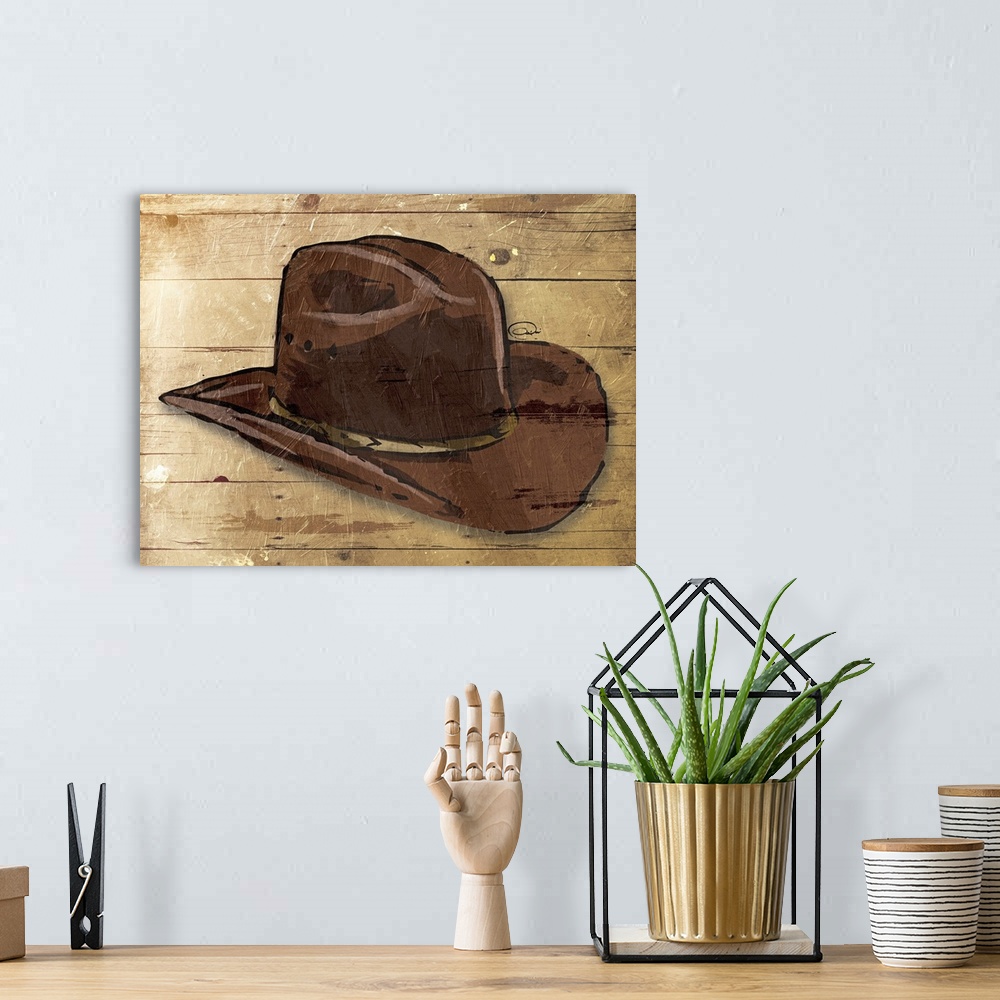 A bohemian room featuring A sketch of a brown cowboy hat on a rustic wood paneled background.